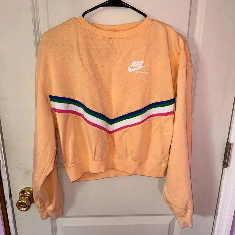 Nike Women’s Sportswear Heritage Fleece Sweatshirt Coral Stripe Crop Sz XS